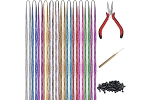 Belle Vous Pack de 2400 Extensiones Colores de Oropel - 12 Colores - Brillo Pelo Sintético con Herramientas – Piezas Lisas Arcoíris, Accesorios de Fiesta y Decoraciones - Adornos para el Pelo