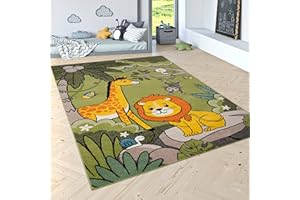 Paco Home Tapis pour Enfant Poils Ras Jungle Animaux Vert, Dimension:80x150 cm