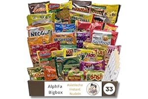 AlphFa-Bigbox - 33 Asiatische Instant Nudeln, Ramen aus versch. Geschmacksrichtungen z.B. Shrimps, Schwein, Ente, Rind, Huhn - Asia Nudeln ideal als Geschenkbox inkl. Bewertungskarte & 5x Essstäbchen