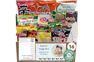 AlphFa Box mit vegetarischen Ramen Nudeln – 16 verschiedene Sorten inkl. 5x Essstäbchen und Bewertungskarte – asiatische veggie Instant Nudeln Geschenkbox Nudelbox
