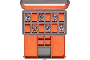 ROTHWELL 12 Slot Leather Watch Box with Valet Drawer - 12 Slot Luxury Watch Case Display Organizer, Microsuede Liner, Mens Accessories Holder, Jewelry Case, Jewelry Display Organizer (Grey/Orange)