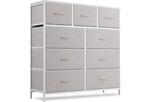 CubiCubi Chest of Drawers with 9 Drawers, Bedroom Drawers, Fabric Dresser with Wooden Top and Handles, Sturdy Steel Frame, Large Storage Space for Bedroom, Living room, Closet, Light Grey and White