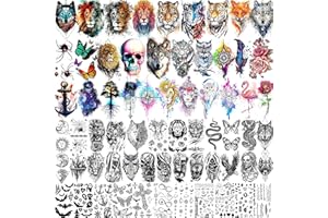LAROI 66 Blatt Bunt Tattoo Zum Aufkleben Herren Damen, Schwarz Löwe Tiger Wolf Temporär, Aquarell Skelett Fake Klebe Set Kit Mond Schlange für Erwachsene Frauen Männer