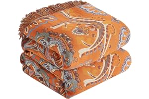 ‎SE SOFTEXLY SE SOFTEXLY Boho Decke 100% Baumwolle – Große Doppelseitige Musselin Boho Tagesdecke 200x230cm, Patchworkdecke, Kuschelige Sofadecke & Bettüberwurf, Ideal für Wohnzimmer & Schlafzimmer, Orange/Blau