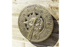 Garden Mile Grand Vintage Moderne Style Rétro Jardin Intérieur/Extérieur Horloge Murale Décorative Clôture Ornement Thermomètre Baromètre Montable Résistant aux intempéries Station Météo