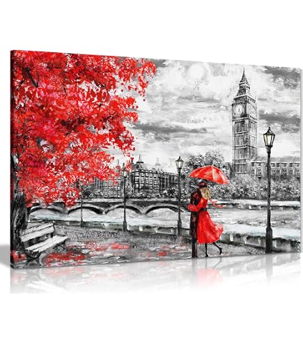 Toile Décorative Tour Eiffel Et Parapluie Rouge - Impression Quality 91x61cm - Décoration Murale Paris