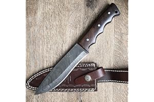 Hobby Hut HH-401, Cuchillo de Acero de Damasco de 11.5 Pulgadas Bushcraft | Cuchillo de Caza | Funda de Cuero | Full Tang| Cuchilla Afilada para Cuchilla de Afeitar para Exteriores