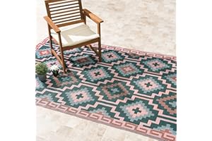 FAB HABITAT FAB HAB Alfombra de Exterior Impermeable Resistente a la Decoloración Sin Arrugas Reversible Plástico Reciclado Premium Vintage Boho Kilim Patio Cubierta Porche Balcón Lavadero Lhasa Coral 180cmx270cm