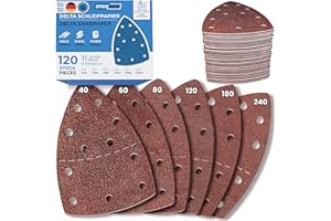 Papiery ścierne EffektWerk Delta (120 opakowania, 11 otworów), trójkątne podkładki szlifierskie 105 x 152 mm do szlifierek myszowych, różne wielkości ziarna (40, 60, 80, 120, 180, 240)