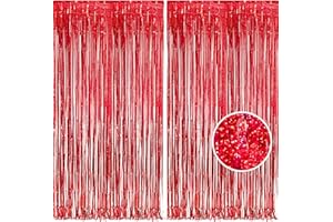 BRAVESHINE 2PCS Red Foil Fringe Curtain Backdrop, 8ft Sparkle Tinsel Metallic Curtains for Birthday Graduation Photo Booth Backdrop Valentines Christmas Halloween Mexican Circus Party Decorations
