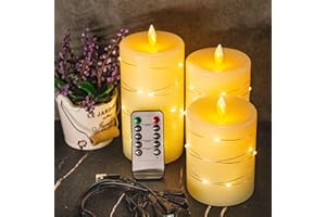 NICE POINT Bougie sans flamme LED, bougie en cire véritable rechargeable avec télécommande et minuterie, bougies électroniques avec lumières féeriques pour la décoration d'intérieur, pack de 3