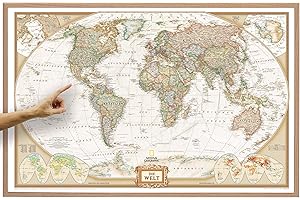 ‎ORBIT GLOBES & MAPS ORBIT Globes & Maps - Weltkarte mit Kartenbild von National Geographic - Pinnwand mit Holzrahmen, Aktuell 2025, 90x60 cm, deutsch, Maßstab 1:46 Mio mit Fähnchen und Pins sowie Befestigungsmaterial