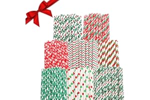BELLE VOUS Pajitas de Papel de Navidad (Pack de 200) Biodegradable, Bi-Color Pajitas Papel Decorativas con Tema de Navidad con 8 Diseños Diferentes - Pajillas Reciclables para Fiestas de Navidad y Año Nuevo