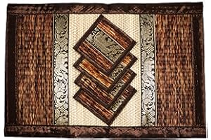 CCCOLLECTIONS Hand-Woven Wicker Reed Placemats and Coaster Set - Alternative to Plastic - Heat Resistant - Thai Style - Durable and Clean - Perfect for Dining Table Décor - Set of 4 (Large T2 Brown)