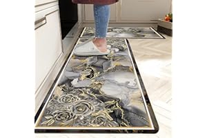 QAHING Black Grey Gold Kitchen Rugs Set of 2 Anti-Fatigue 0.4 Inch Thick Gray Marble Floral Kitchen Floor Mats Non Slip Waterproof Comfort Standing PVC Mat Decor for Sink Laundry 17.3 x28+17.3 x 47 Inch