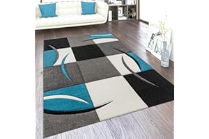 Paco Home Tappeto da Soggiorno a Pelo Corto, Disponibile in Diversi Colori e Misure, con Motivo a Quadri e Righe e Design 3D, Dimensione:120x170 cm, Colore:Turchese