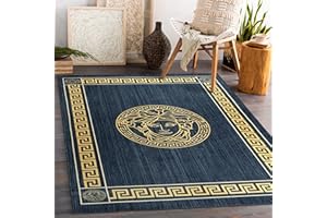 ‎RUGSX rugsx Andre Waschteppich für Kinderzimmer, Wohnzimmer, Schlafzimmer, Rahmen, Meduse griechisch, Anti-Rutsch - Blau/Gold 120x170 cm