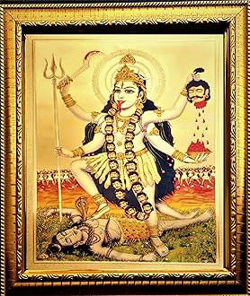 ADA Handicraft Mata Kali Mahakali With Shankar Bhagwan Hindu Religious Wood Wall Photo Frame (35 x 25 x 1 cm, Multicolour)