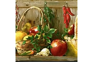 CONCORD WALLCOVERINGS ™ Tapetenbordüre, Gartenmuster, Früchte, Kräuterkörbe für Küche, Esszimmer, Cottage, Braun, Grün, Rot, Gelb, 4,6 m x 27,9 cm, KR2325