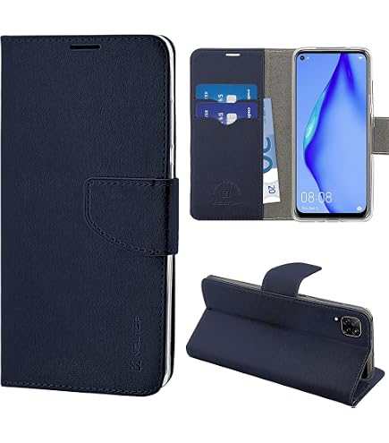 Moozy Custodia a Libro per Huawei P40 Lite, Carbonio Blu scuro – Protezione dei Bordi Metallici Flip Cover Portafoglio con Appoggio e Porta Carte