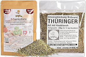 Boyau de porc naturel 28/30 - avec mélange d'épices à la Thuringe - Fête de la cuisine - Convient pour fumer et griller (28/30 18m)