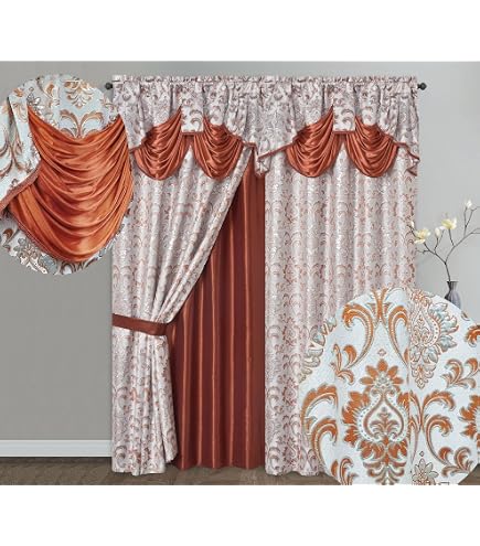 Jacquard Window Curtains For Living Room 2 Panel Set 54" X 84 Long Attached Valance Sheer Backing 2 Tie Backs Elegant Fancy Design Perfect Living Room Bed