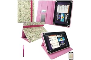 Emartbuy Hot Pink Stylus + Floral Pink/Green Multi Angle Executive Folio Wallet Case Cover With Card Slots Compatible With Tesco Hudl 2 8.3" Inch Wi-Fi Tablet and Selected 8-9 Inch Tablets