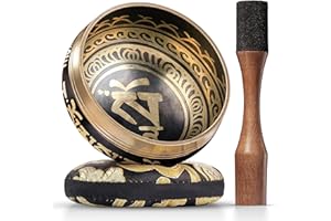 Silent Mind ~ Ensemble de bols de chantant tibétain ~ Design de Équilibre et Harmonie ~ Avec maillet à double surface et coussin de soie ~ Favorise la paix, la guérison des chakras et la pleine conscience ~ Cadeau exquis (Bronze)