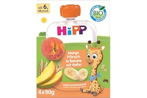 ‎HIPP HiPP Bio Quetschie Mango Pfirsich in Banane mit Hafer,16 Stück (4er Pack mit je 4 x 90g), für Babys ab 6. Monat, ohne Zuckerzusatz, vegan, in bester Bio-Qualität