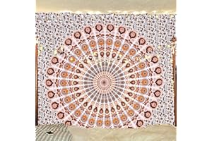 Bless International Arazzo di biancheria da letto indiano hippie bohemien psichedelico pavone mandala (arancione marrone, dimensione regina(84x90 pollici)(215x230 cms))