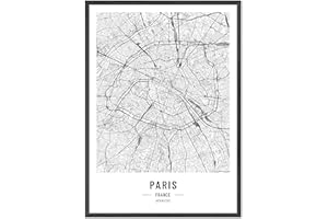 JUNOMI® Paris Poster XL noir et blanc, DIN A2 décoration de salon, tableau mural moderne, image Paris, tableau mural sans cadre, plan de ville Paris, idée cadeau parfaite