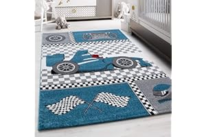 TEPPIUM Tapis pour Enfants Motif Voitures de Course, Doux & Confortable pour Chambre de bébé, Salle de Jeux, Chambre d'enfants, Tapis à Poil Court Taille: 120 x 170 cm, Couleur: Bleu-1