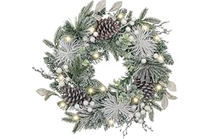 Valery Madelyn 18inch/45cm Pre-lit Christmas Wreath for Front Door, Frozen Winter Silver White Wreath with Pine Cone and Berry, Xmas Reef with Led Lights and Timer Function for Christmas Decoration