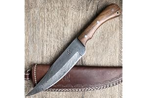 Hobby Hut HH-402, Coltello a Lama Fissa in Acciaio Damasco di 11 Pollici Bushcraft | Coltello da Caccia, Manico in Legno di Noce | Fodero in Pelle | Lama affilata del Rasoio all'aperto