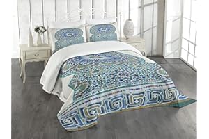 ABAKUHAUS, Marokańska, Narzuta na łóżko 220 cm x 220 cm + 2 poszewki na poduszki 75 cm x 50 cm, Dachówka ceramiczna Antique East Wzór Dziedzictwa Architektura Drukuj, Kawa blady turkus