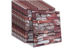 OSIMIG 20PCS 3D Brick Wallpaper, 34.5×39.2cm DIY Self Adhesive Wall Tiles for Interior Wall Decor,Waterproof 3D Wall Panels, Masonry Effect, Suitable for Kitchen, Living Room, Bathroom (Red Brick)
