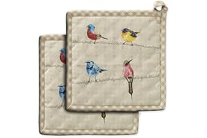 Maison d' Hermine Birdies on Wire 100% Cotton Pot Holder Set of 2 for Barbecue, Baking, Oven, Microwave, Grilling, Spring/Summer, Easter (20 cm x 20 cm)
