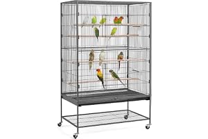 Yaheetech Large Bird Cage with 4 Wooden Bars and 360° Rolls, Bird Aviary with 2 Doors and Stakes for Dirt Collector 56 x 93 x 153 cm