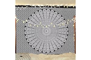 Bless International Tapisserie de literie murale indienne hippie bohème psychédélique paon mandala (noir blanc, Taille jumelle (54x72 pouces)(140x185cms))