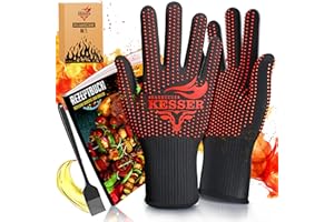 ‎KESSER KESSER® Grillhandschuhe XXL, auch für Topf und Kamin, hitzebeständig bis 500°, atmungsaktiv, Rutschfester Griff, Aramid-Gewebe, maschinenwaschbar, inkl. Rezeptbuch & Kochpinsel, Größe M-L, Rot