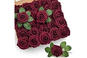 Mocoosy 50Pcs Artificial Flowers Rose, Burgundy Fake Roses for Decorations, Real Touch Foam Rose Bulk with Stems for DIY Wedding Bouquets Bridal Shower Centerpieces Party Home Decor