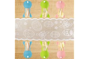 ANOTION Easter Table Decor, 6 Easter Bunny Felt Cutlery Holder with White Lace Table Runner Easter Decorations Reusable Utensil Décor Easter Table Decorations for The Home Easter Party Supplies