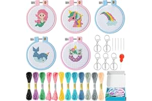 WATINC 9PCS Embroidery Cross Stitch für Kinder, Einhorn Muster Stickerei Anfänger Set Unicorn Gestempelt Kreuzstich Nähen Kit mit Nadelspitze Schlüsselanhänger, Starter Kit Nähen Set mit Anleitung