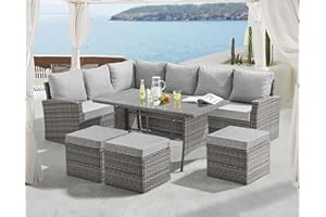 EVRE 9 Seat Marilyn Corner Sofa & Dining Rattan Garden Furniture Set for Indoor Outdoor Patios Gardens Conservatories (Grey)