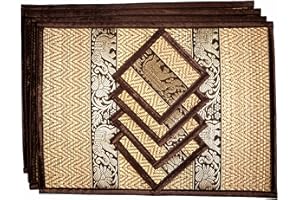CCCOLLECTIONS Hand-Woven Wicker Reed Placemats and Coaster Set - Eco-Friendly Alternative to Plastic - Heat Resistant - Thai Style - Durable and Easy to Clean - Perfect for Dining Table Décor - Set of 4 (Medium Brown)