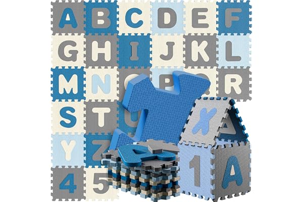 SPIELWERK Tapis Puzzle d'éveil et de Jeu Bleu - Dalles en Mousse XXL pour bébé ou Enfant Bas âge - Anti-dérapantes, avec Alphabet et Chiffres, 86 pièces, 36 Dalles de 30x30cm