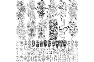 COKTAK 59 Sheets Sexy 3D Rose Flower Temporary Tattoos For Women Girls Arm Neck, Snake Floral Sunflower Leaf Peony Fake Tattoo Sticker Adult, Black Realistic Temp Tatoos Moon Dandelion Butterfly Thigh