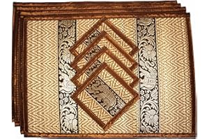 CCCOLLECTIONS Hand-Woven Wicker Reed Placemats and Coaster Set - Eco-Friendly Alternative to Plastic - Heat Resistant - Thai Style - Durable and Easy to Clean - Perfect for Dining Table Décor - Set of 4 (Medium Dark Gold)