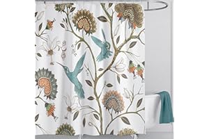 LIVETTY White Birds Floral Shower Curtain 180×180cm with 12 Hooks Mould Proof Floral Shower Curtain Fabric Bathroom Curtain Washable Quick-Drying