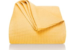 LAYNENBURG Manta para Sofá Verano 220 x 240 cm XXL - Waffle Pique 100% Algodón - cocha Ligera de Verano - Manta de algodón como Manta de Cama, de sofá - Manta de sofá aireada (Amarillo